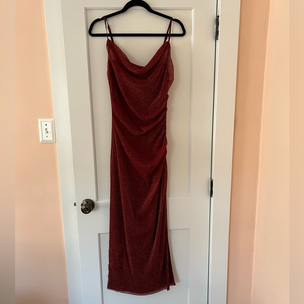 Lulu’s Gold and Burgundy Cowl Neck Bodycon Dress , medium